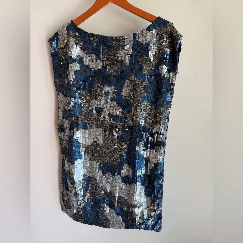 Roberta Freymann Blue Silver Sequin Camo Scoop Back Sleeveless Top Size 1